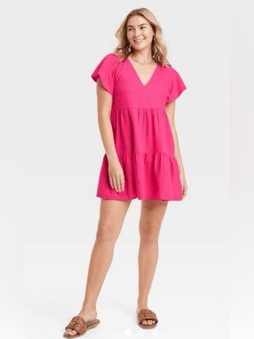 Universal Thread Hot Pink Tiered Linen Blend Short Sleeve Dress Sz XL